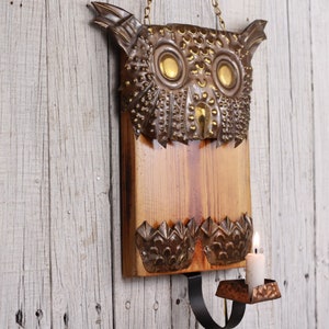 Vintage Wooden Owl Wall Hanging Candle Holder, 70s Decor