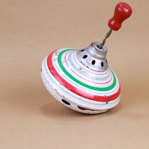 Vintage Spinning Top, Spinning Tin Top, Colorful Circle Toy, 70s Push Top Toy