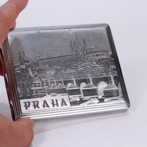 Silver tone cigarette case, Metal cigarette case, Cigarette case labeled PRAHA, Cigarette holder, Smokers gift 1970s, Vintage cigarette case