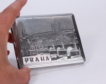 Vintage Praha Cigarette Case, Silver Tone Metal Smoker Gift