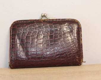 60's Small Wallet, Vintage Leather Purse, Imitation of Snake Skin, Brown Wallet, Metal Frame