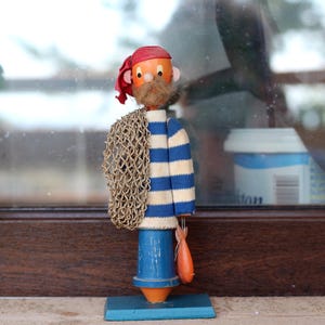 Vintage 60&#39;s Wood Sailor Figurine with Fish - Beach Decor