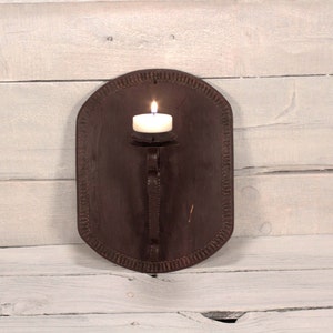 Vintage Handmade Wood and Metal Candle Holder, Wall Hanging, Iron Hammered Candlestick