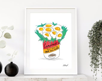 Fried Eggs & Soup Can Art Print: Kitchen Decor