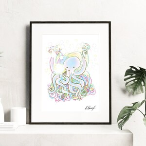 Octopus print -original octopus drawing pastel colors surrealism art illustration - nursery decor