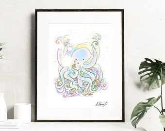 Octopus print -original octopus drawing pastel colors surrealism art illustration - nursery decor