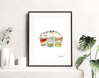 Cat and beans print - cute cat illustration - nyc bodega cat art - living room decor - kitchen wall art - cat drawing