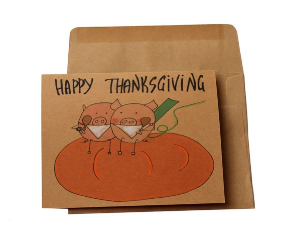 Funny Thanksgiving Card: Pig on Pumpkin, Recycled Cardstock