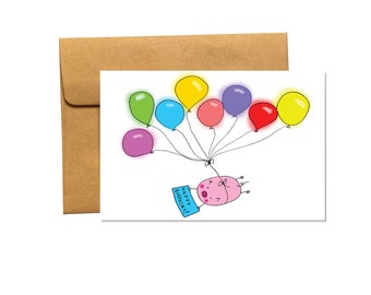 Happy birthday card with balloons and flying pig