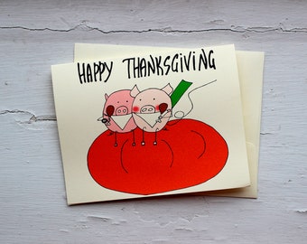 Funny Thanksgiving card with pigs pumpkin and turkey cute