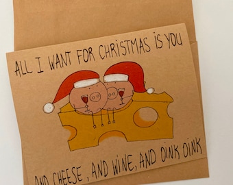 Funny Christmas Card: Cheese & Wine - For Girlfriend, Boyfriend