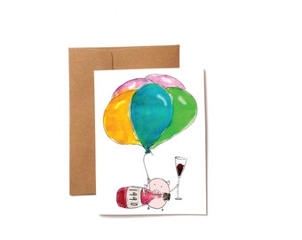 Funny 30th birthday card for wine lover - born in 1990 card - flying pig birthday card with balloons and wine