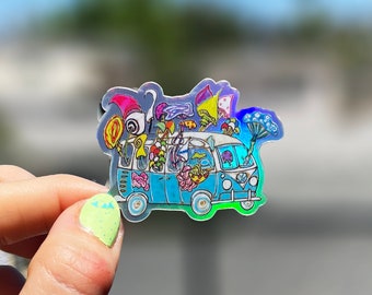 Holographic shrooms sticker -  mushroom bus sticker - california road trip sticker - shroom lover sticker - psychedelic mushroom sticker