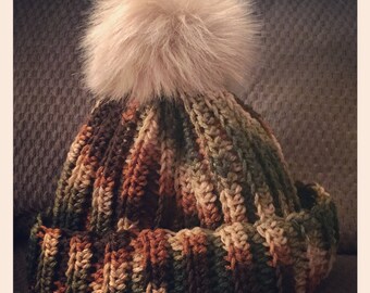 Light Camo Ribbed Beanie with Tan Faux Fur Pom