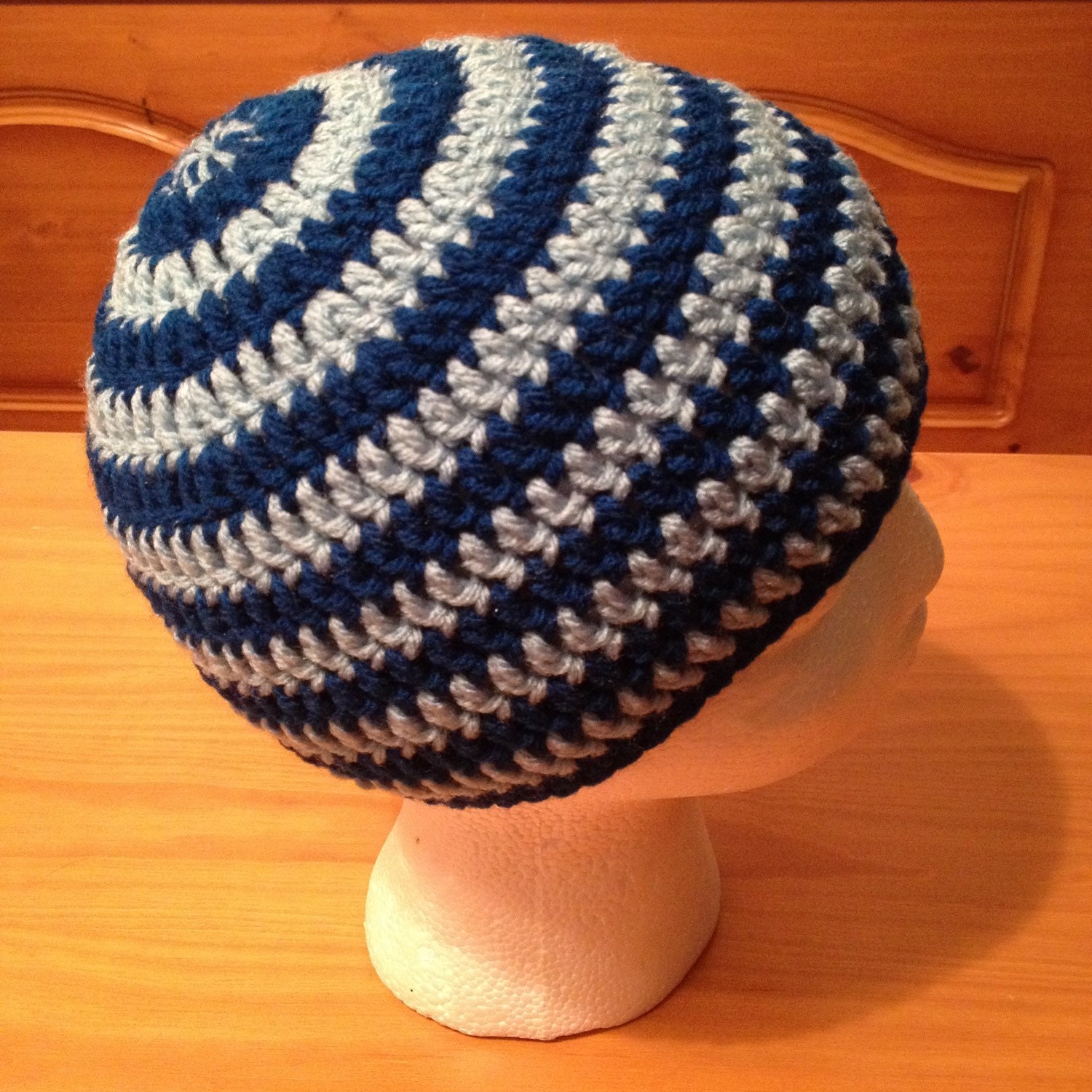 Crocheted Blue Striped Beanie in Dark Turquoise and Ice Blue - Etsy