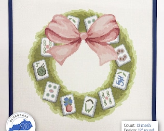 Lienzo bordado con corona de fichas de Mahjong - Diseño de corona navideña de 30 cm (malla 13)