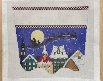 Puño para calcetín navideño - Papá Noel y trineo en el cielo - Lienzo bordado (18 mallas)