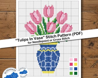 Patrón de punto de tulipanes en jarrón para bordado y punto de cruz