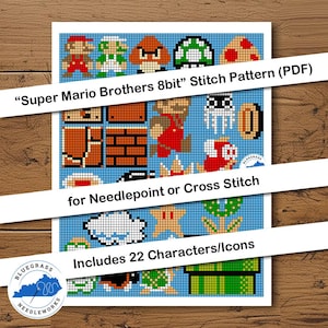 Puede incluir: Un patrón de punto de cruz azul y blanco con personajes e iconos de 8 bits del videojuego Super Mario Brothers. El patrón incluye a Mario, Luigi, champiñones y otros elementos reconocibles. El texto dice "Super Mario Brothers 8bit" Stitch Pattern (PDF).