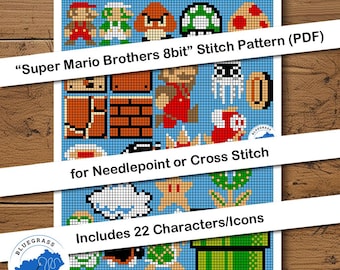 Patrón de bordado de Super Mario Brothers de 8 bits (PDF) para bordado de aguja y punto de cruz.