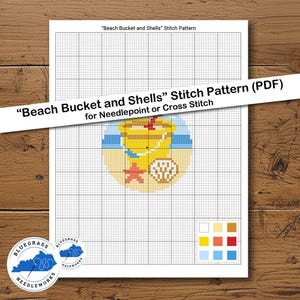 May include: A digital stitch pattern document titled Beach Bucket and Shells Stitch Pattern (PDF) for Needlepoint or Cross Stitch. The grid displays a pixelated yellow bucket, a red starfish, and a white shell on a sandy beach background.