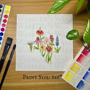 Texas Native Wildflowers Watercolor Giclée Print Texas Flowers Wall Art Print Available in Sizes 8x8 and 8x10 inches