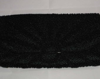 Elegant Beaded Evening Bag Clutch Handbag Purse Black Beads Mid-Century Vintage Hollywood Black Beaded Satin Clutch Handbag Prom Wedding