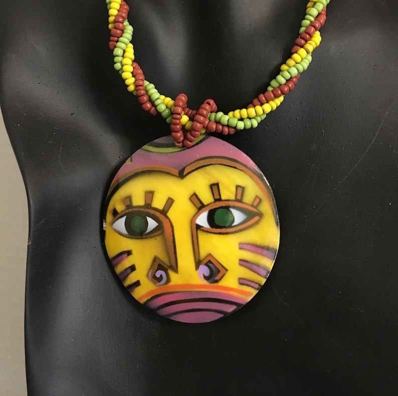 Multicultural Painted Face Mother of Pearl Necklace and Earring SetAztecAfricanTribal