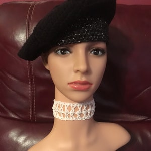 Crocheted Black Beret with Sparkle band
