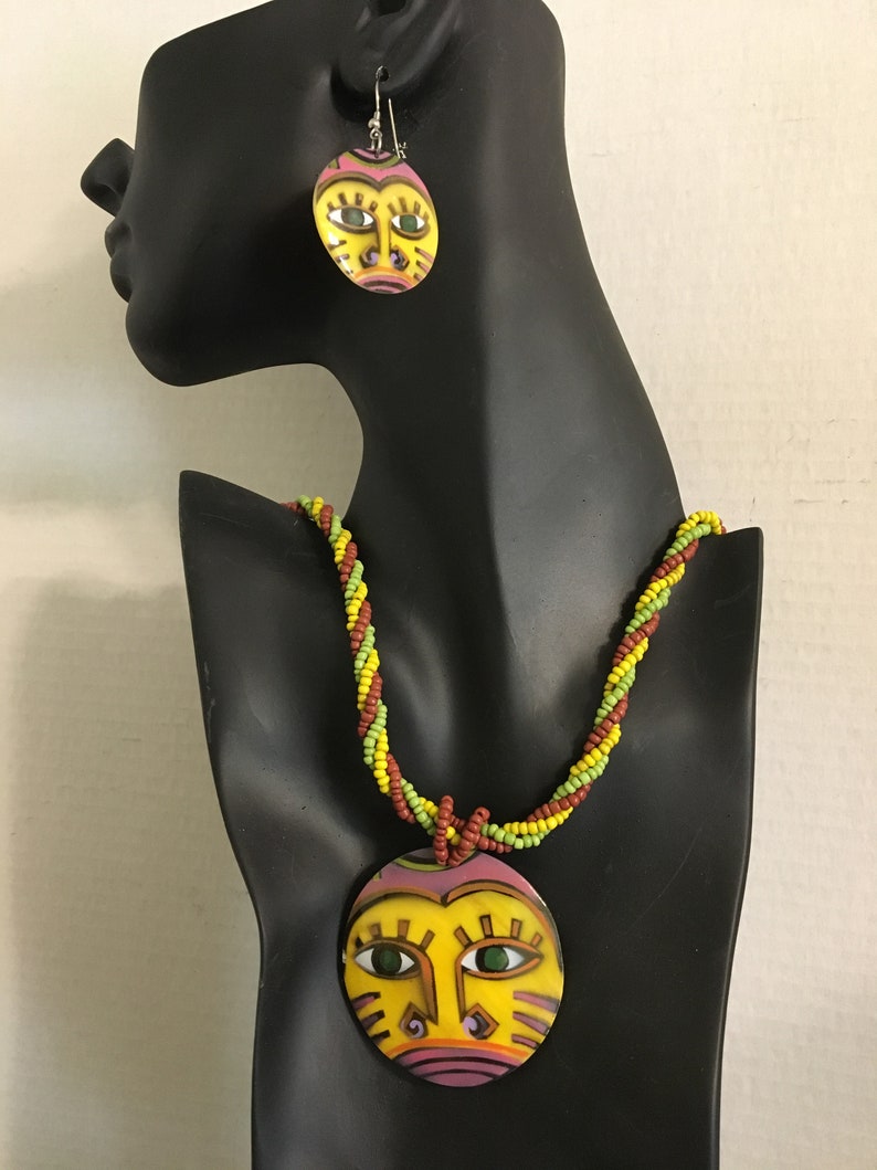 Multicultural Painted Face Mother of Pearl Necklace and Earring SetAztecAfricanTribal