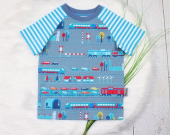 Kinder Eisenbahn Sommershirt T-Shirt kurzarm Raglan Kindershirt Sommerkleidung Junge Mädchen jeansblau/türkis