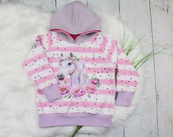 Gr. 98 Mädchen Hoodie Pferd Blumen aus French Terry Pullover Kapuzenpullover rosa flieder