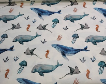 23.80 euros/meter Deep Sea Life marine animals whales jersey cotton jersey children's fabric