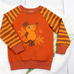Könnte beinhalten: Ein orangefarbenes Sweatshirt mit langen Ärmeln und einer Cartoon-Maus. Die Ärmel sind braun mit orangefarbenen Streifen. Die Maus steht vor Herbstblättern. Die Bündchen und der Saum sind dunkler orange.