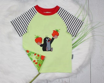 Kinder T-Shirt kurzarm/langarm Longleeve Erdbeerfeld Maulwurf Pauli Sommershirt Panel Bild Raglanshirt hellgrün rot weiß