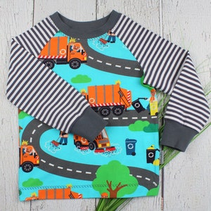 Kinder T-Shirt Langarmshirt Longsleeve Müllauto Pullover Müllmann Fahrzeug türkis grau hellgrau handmade Junge Bild 2