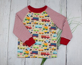 Autos Langarmshirt Longsleeve T-Shirt Streifen beige/rot Junge Kinderkleidung handmade