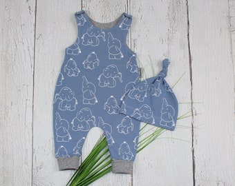 Gr. 56 Babyset Strampler Elefanten Mädchen Junge blau hellgrau weiß handmade