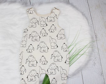 Baby Mädchen Junge Strampler Babykleidung Elefanten Tiere offwhite naturweiß schwarz beige meliert handmaden