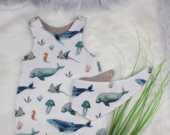 Whale Romper One Piece Girl Boy Handmade Children's Clothing Sea Animals Ecru Beige Size 50-80