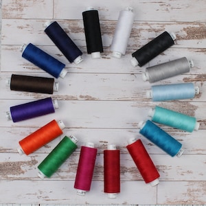 Könnte beinhalten: Eine Sammlung von 16 Garnrollen in verschiedenen Farben, darunter Rot, Orange, Gelb, Grün, Blau, Lila, Braun, Schwarz, Weiß und Grau. Die Rollen sind in einem Kreis auf einer weißen Holzoberfläche angeordnet.