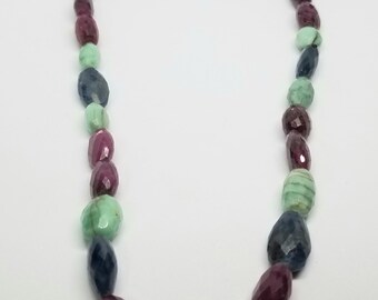 Z2943 14K Yellow Gold Ruby, Sapphire, and Emerald 17.75 Inch Necklace