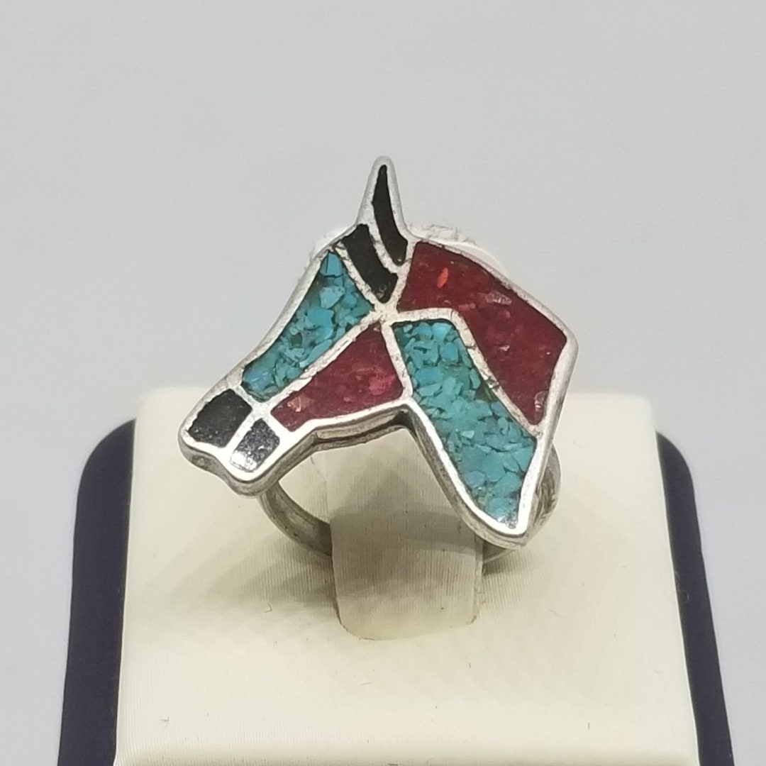 FA3092 Vintage Sterling With Turquoise and Coral Horses Head Ring, 4 ...