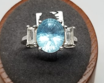FA4619 Vintage Sterling with Blue Topaz and CZs Ring, Size 9.25.
