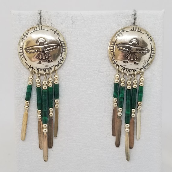 FA2330 Vintage Sterling and Malachite Stud Earrin… - image 1