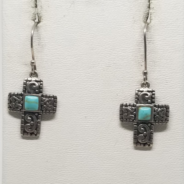 FA1968 Vintage CFJ Sterling and Turquoise Wire Cross Earrings.