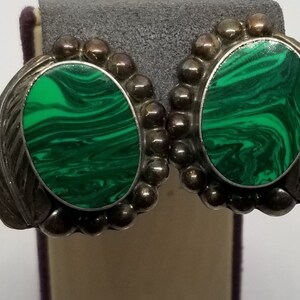 FA1103 Vintage Sterling & Malachite Clip-On Earrings Marked TC-25.