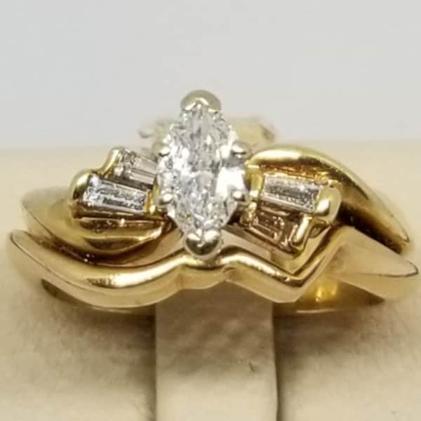 X33 Vintage 14K Yellow Gold Fused Ring w/a 35 pt. Marquise Diamond with 4 Baguette Diamonds to the Sides, Size 6..