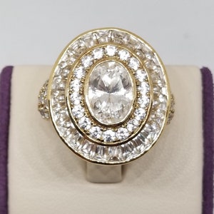 FAB2028 Vintage China Sterling Silver Gold Plated Cubic Zirconia Ring, Size 7.0