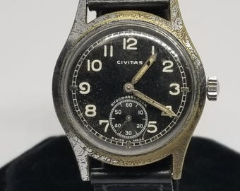 Vintage Civitas Military Wrist Watch, 10.5C, 15 Jewels, Not Working.